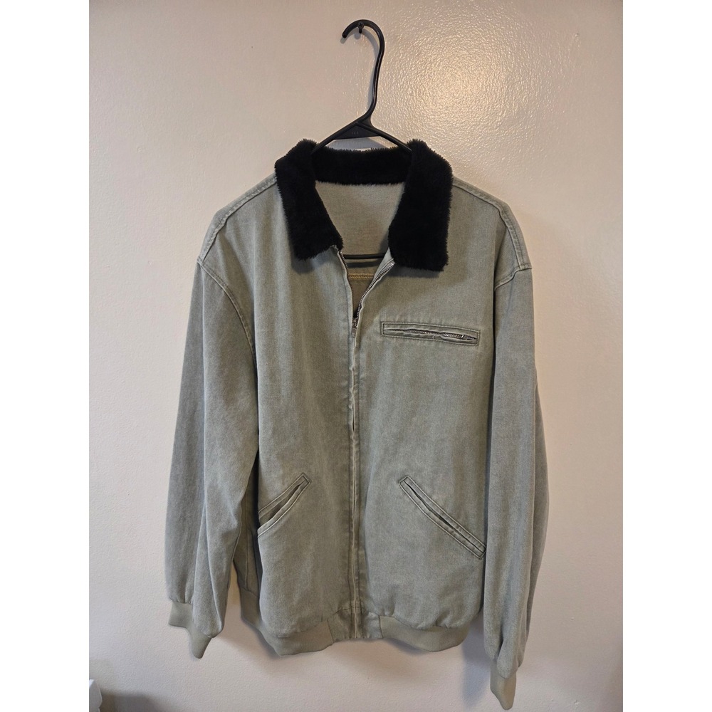 Manfinity Mens Denim Bomber Jacket Sage Green Faux Fur Collar Zip Up Small